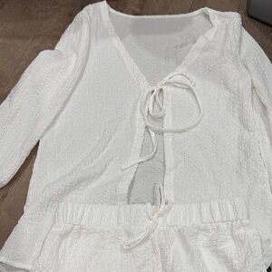 Chic White Tie-Front Blouse with Shorts Set